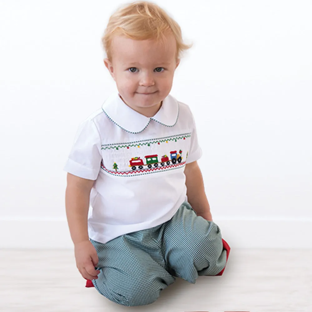 Christmas Train Smocked White Shirt & Green Gingham Pants