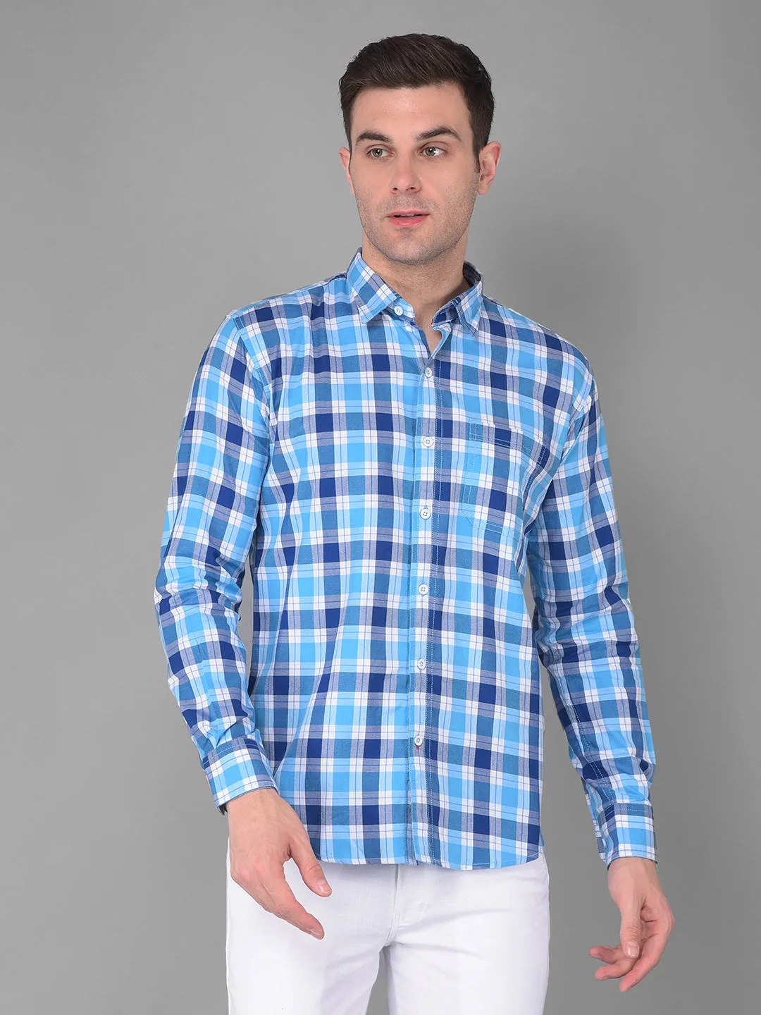 COBB BLUE CHECKED SLIM FIT CASUAL SHIRT