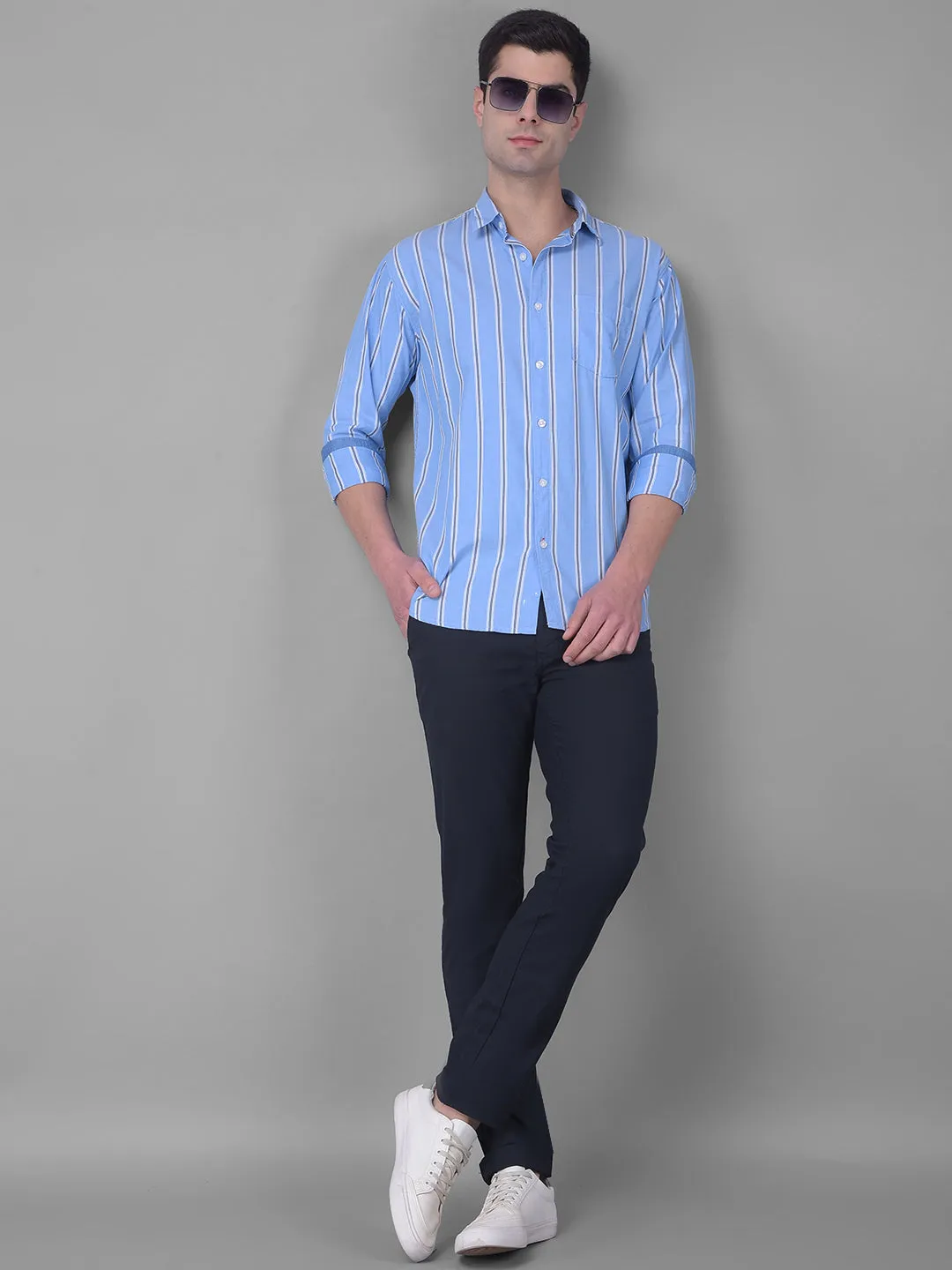 COBB SKY BLUE STRIPED SLIM FIT CASUAL SHIRT