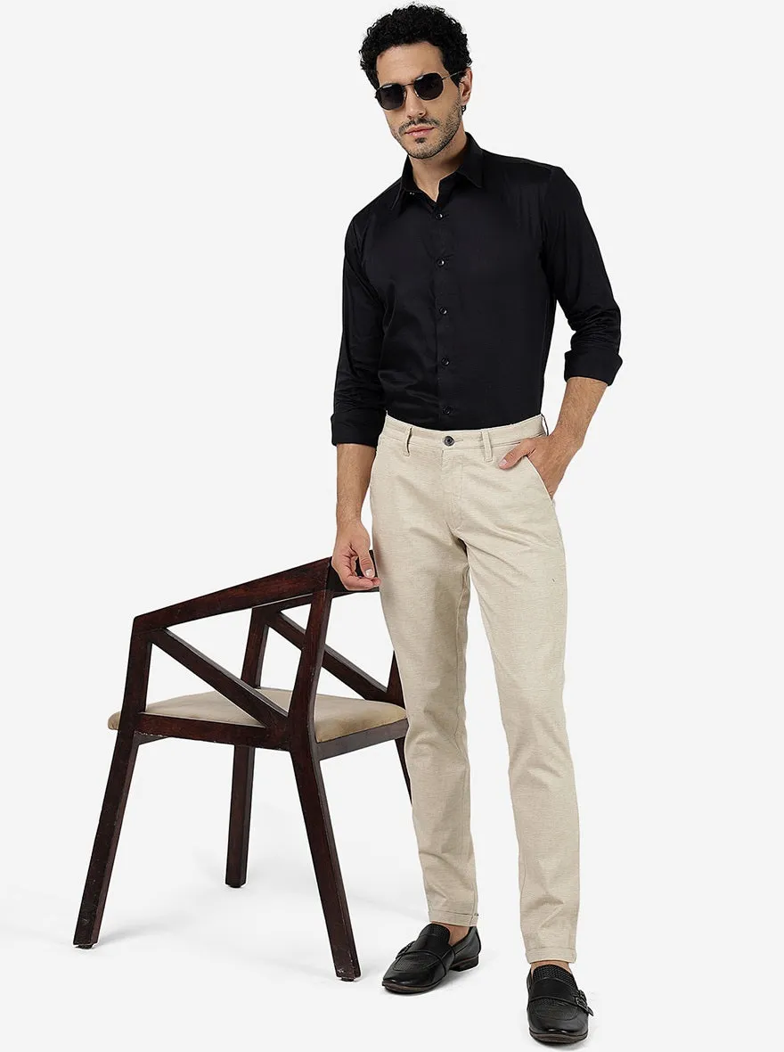 Cream Solid Neo Fit Casual Trouser | Greenfibre