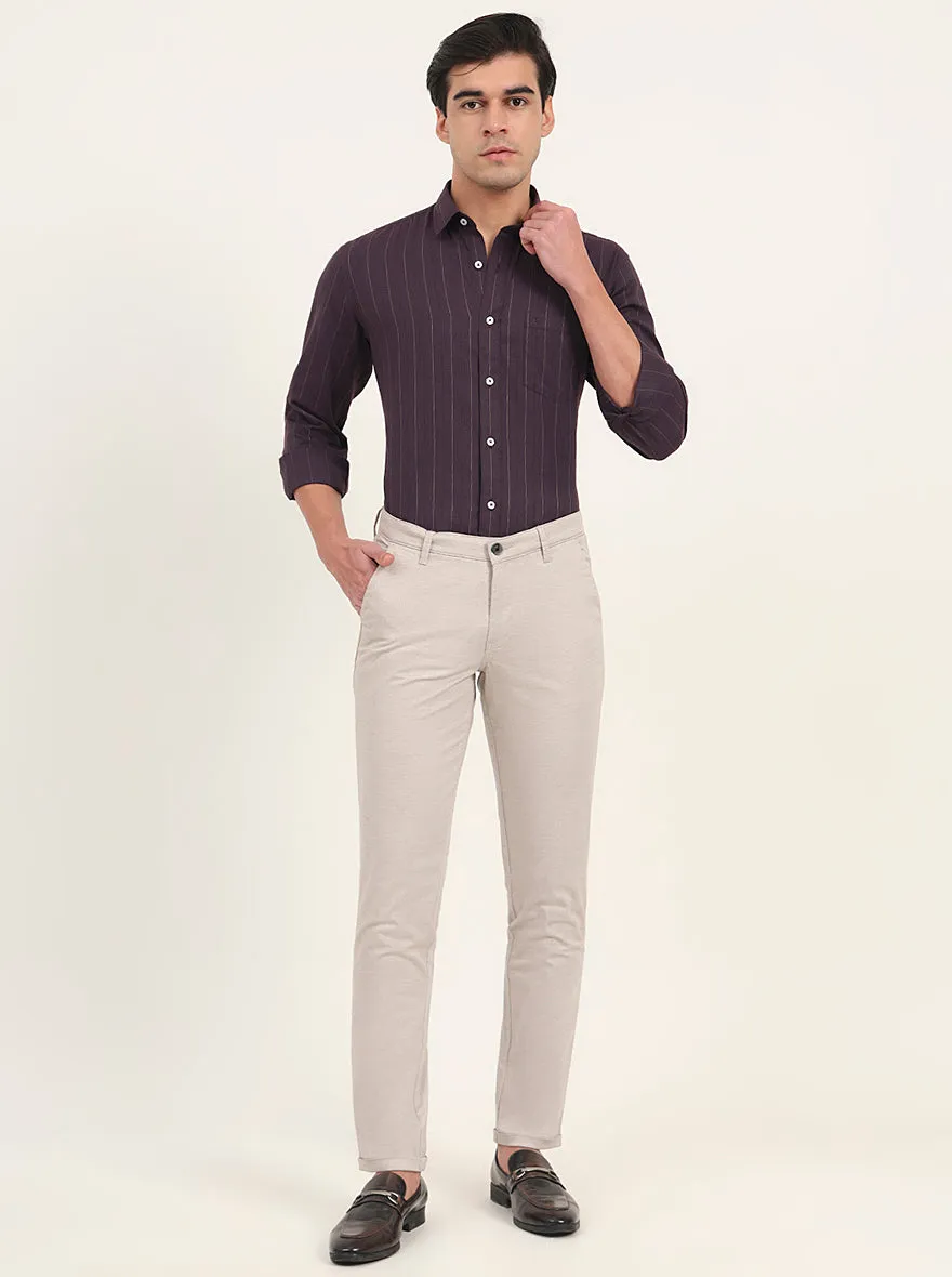 Cream Solid Slim Fit Casual Trouser | Greenfibre