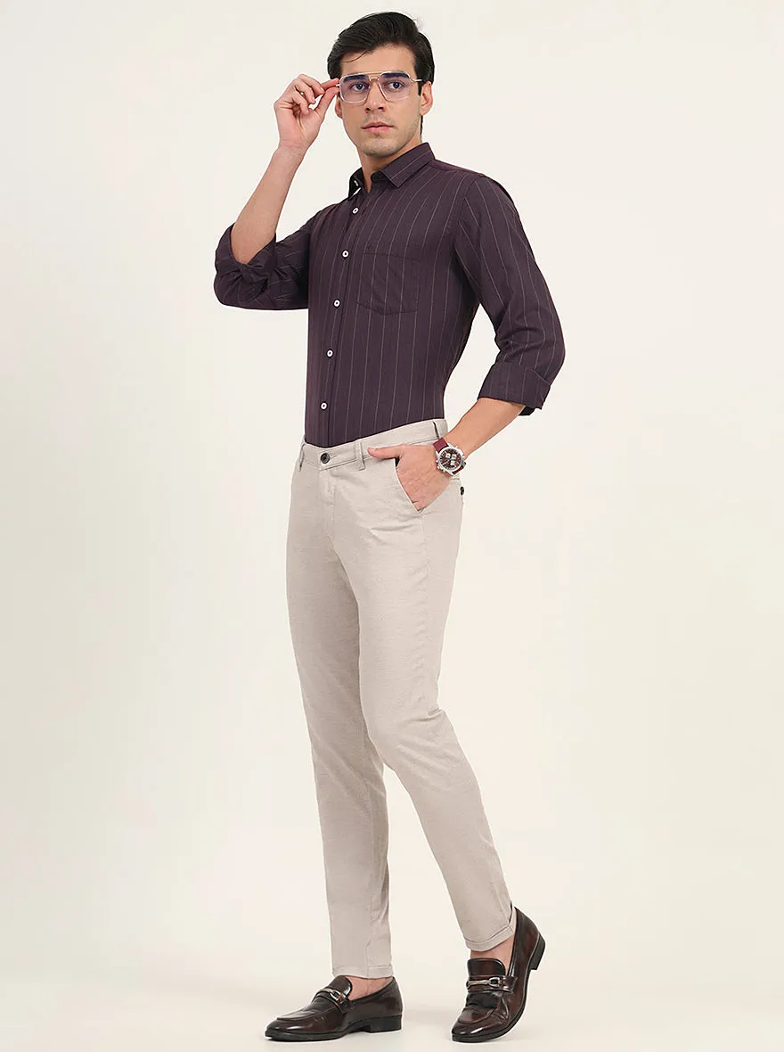 Cream Solid Slim Fit Casual Trouser | Greenfibre
