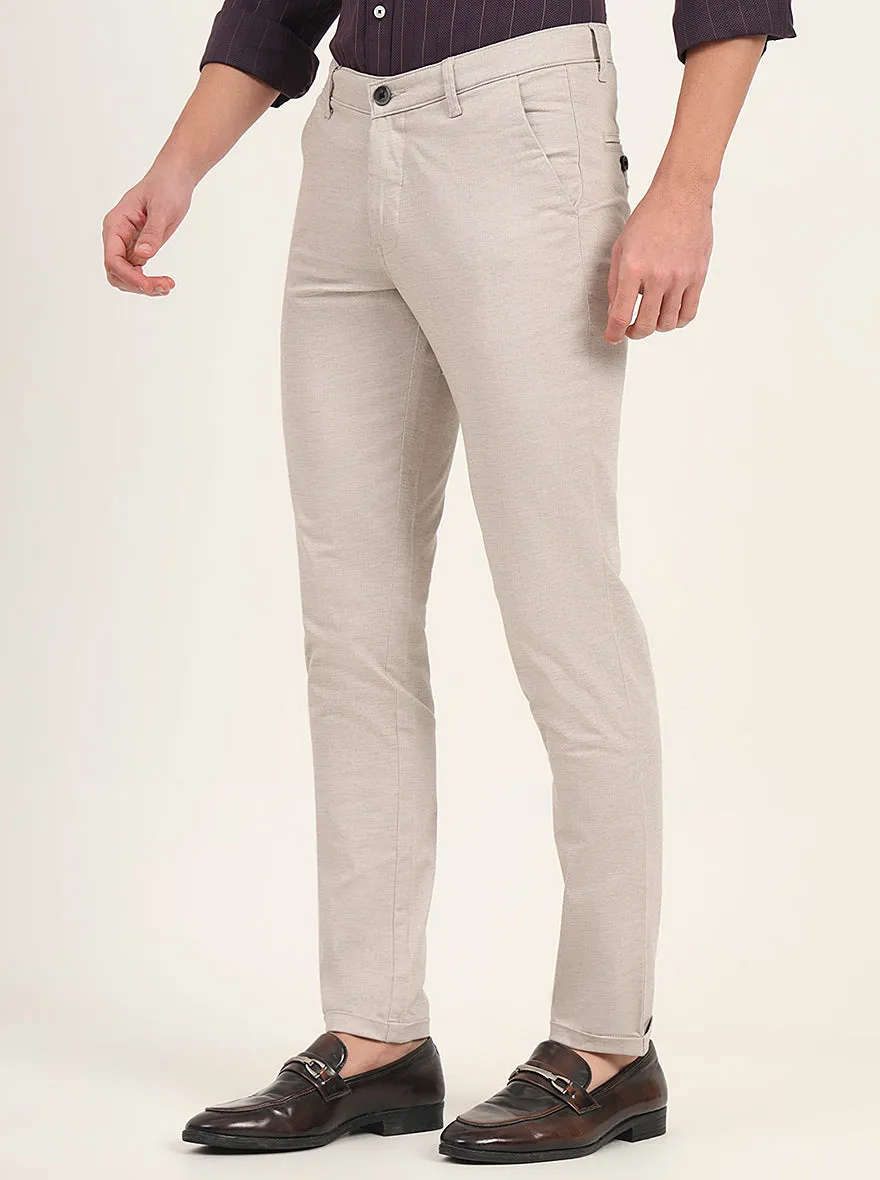 Cream Solid Slim Fit Casual Trouser | Greenfibre