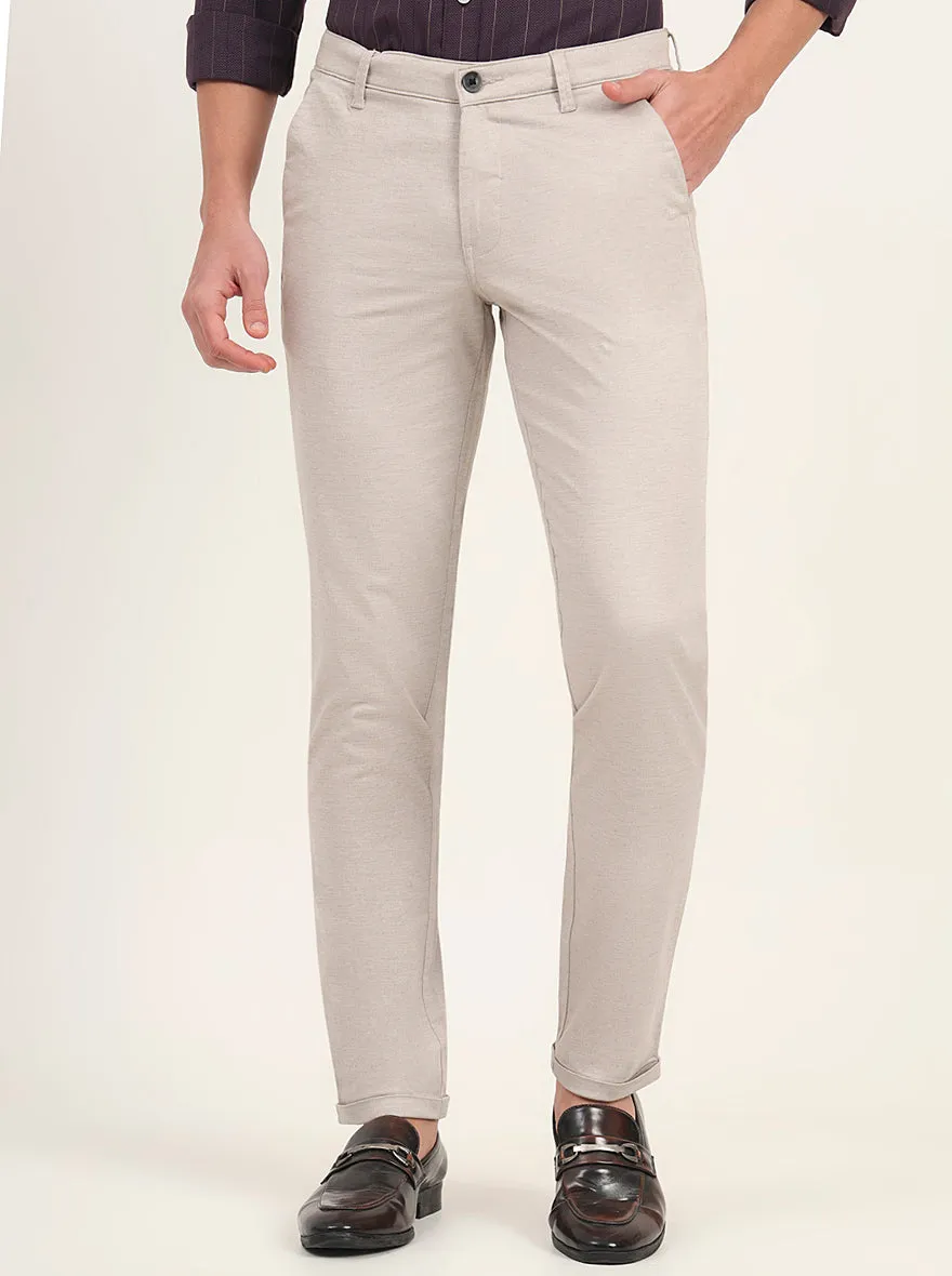Cream Solid Slim Fit Casual Trouser | Greenfibre