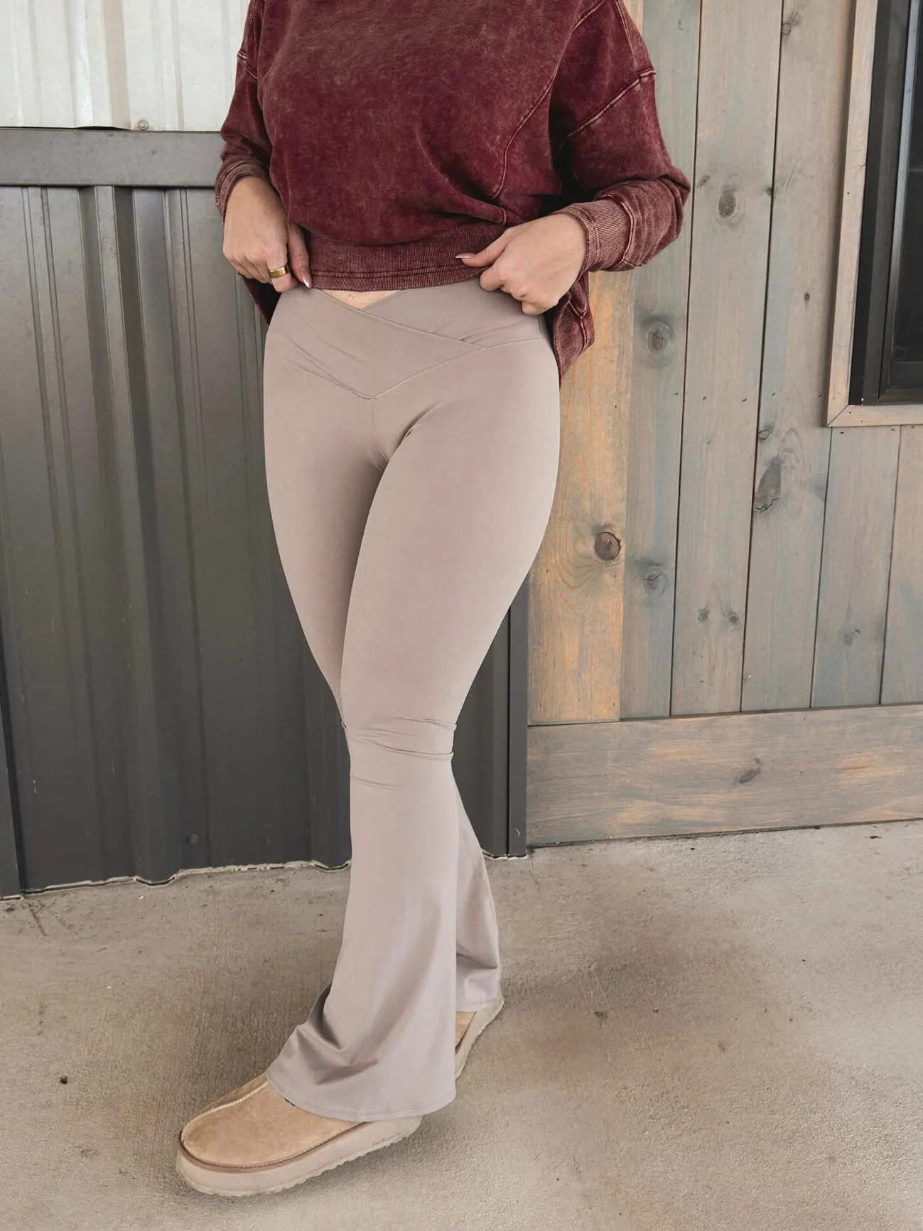 Crossover Flare Leggings - Taupe