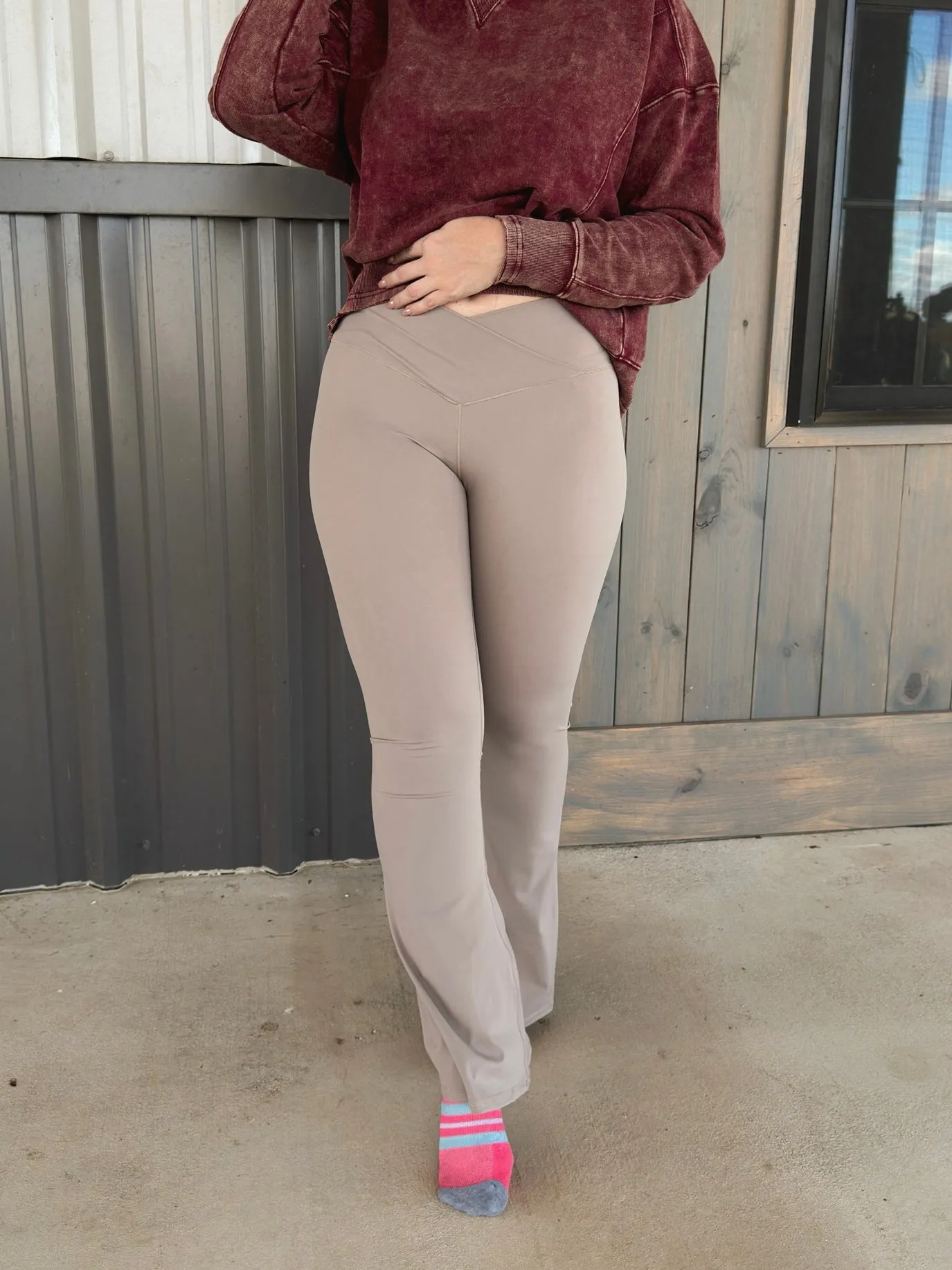 Crossover Flare Leggings - Taupe