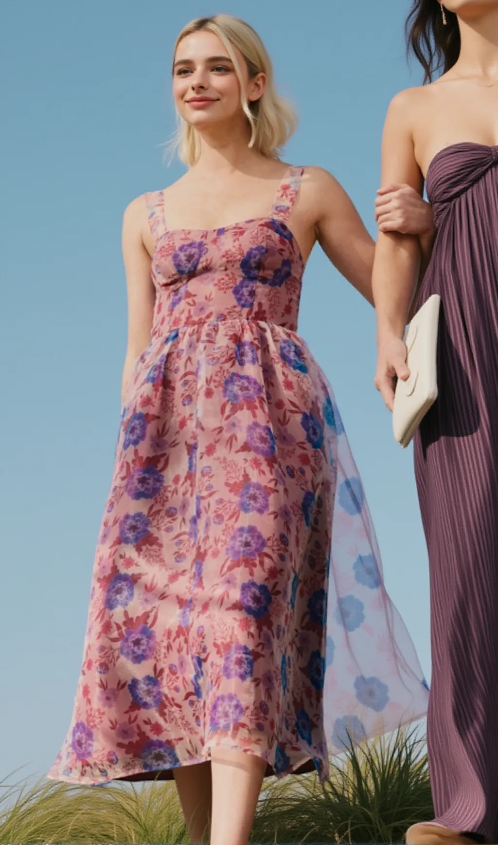 Delightful Look Magenta Floral Print Bustier Midi Skater Dress