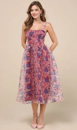 Delightful Look Magenta Floral Print Bustier Midi Skater Dress