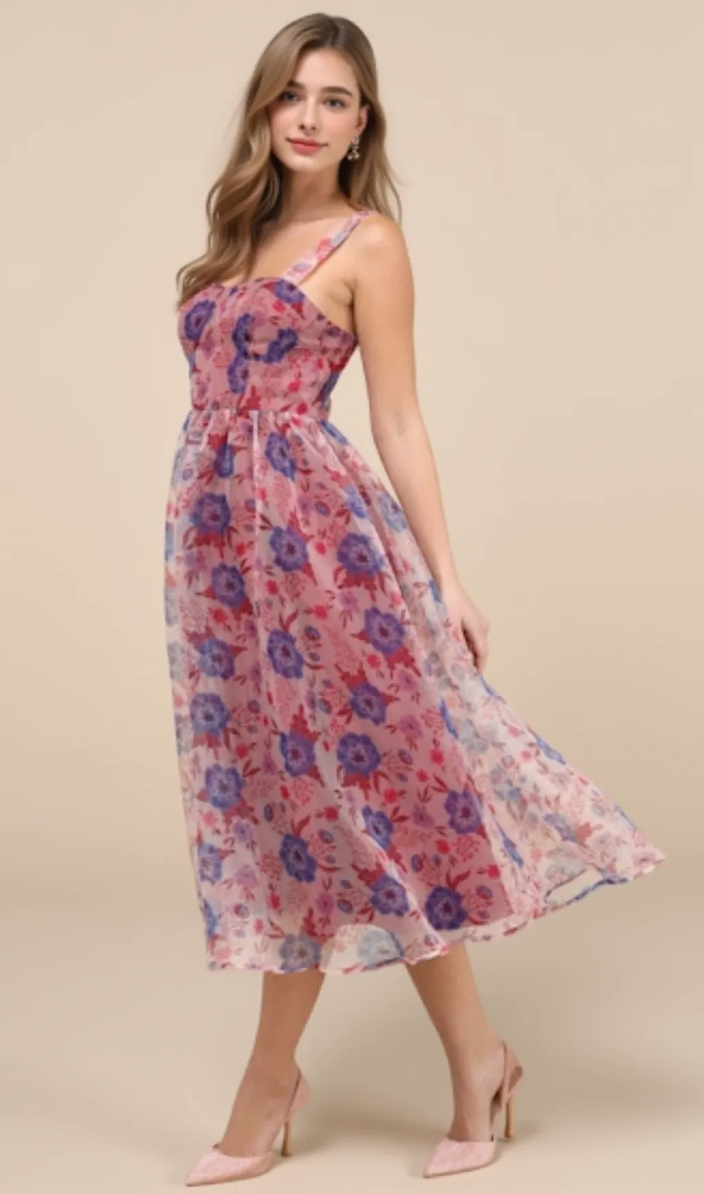Delightful Look Magenta Floral Print Bustier Midi Skater Dress