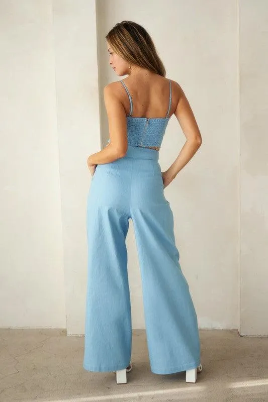 Denim look tie front top with flare pants 2 pc set