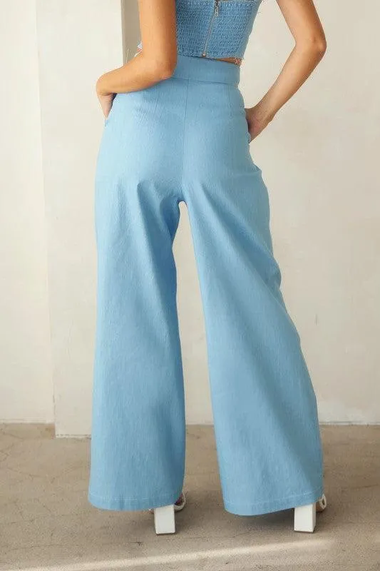 Denim look tie front top with flare pants 2 pc set