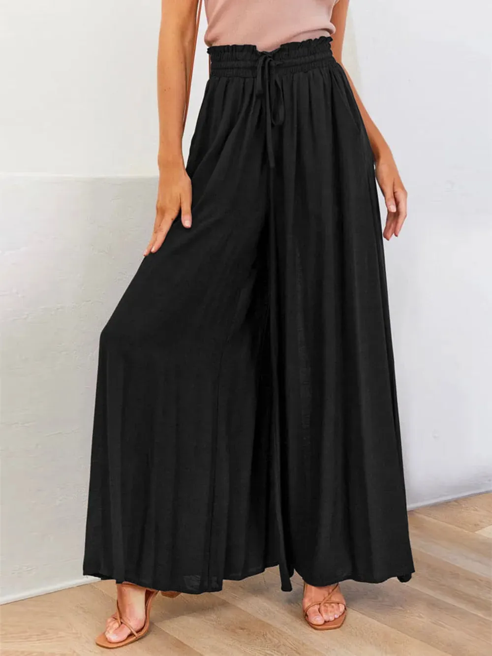 Drawstring Wide Leg Pants with Pockets