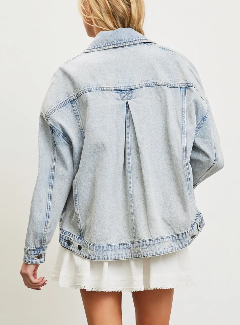 Drop Shoulder Back Pleated Denim Jacket