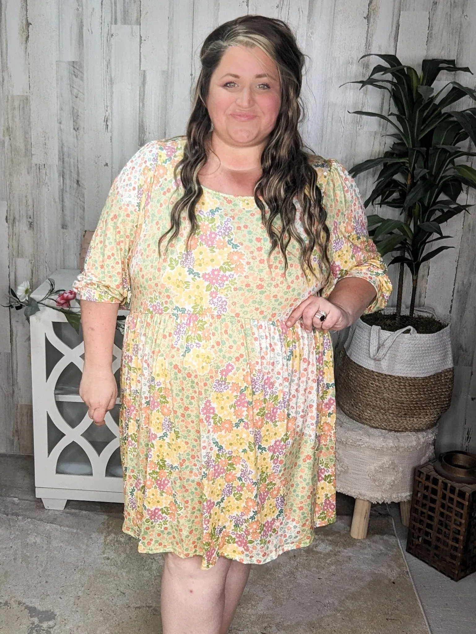 Esther Square Neck Babydoll Dress in 60s Florals