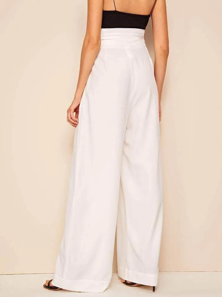 Fifth Avenue Georgette GTTWP17 Self Belted Extra Wide Leg Pants - White