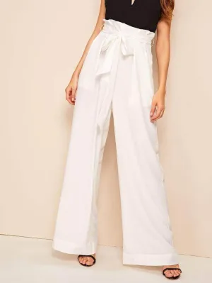 Fifth Avenue Georgette GTTWP17 Self Belted Extra Wide Leg Pants - White
