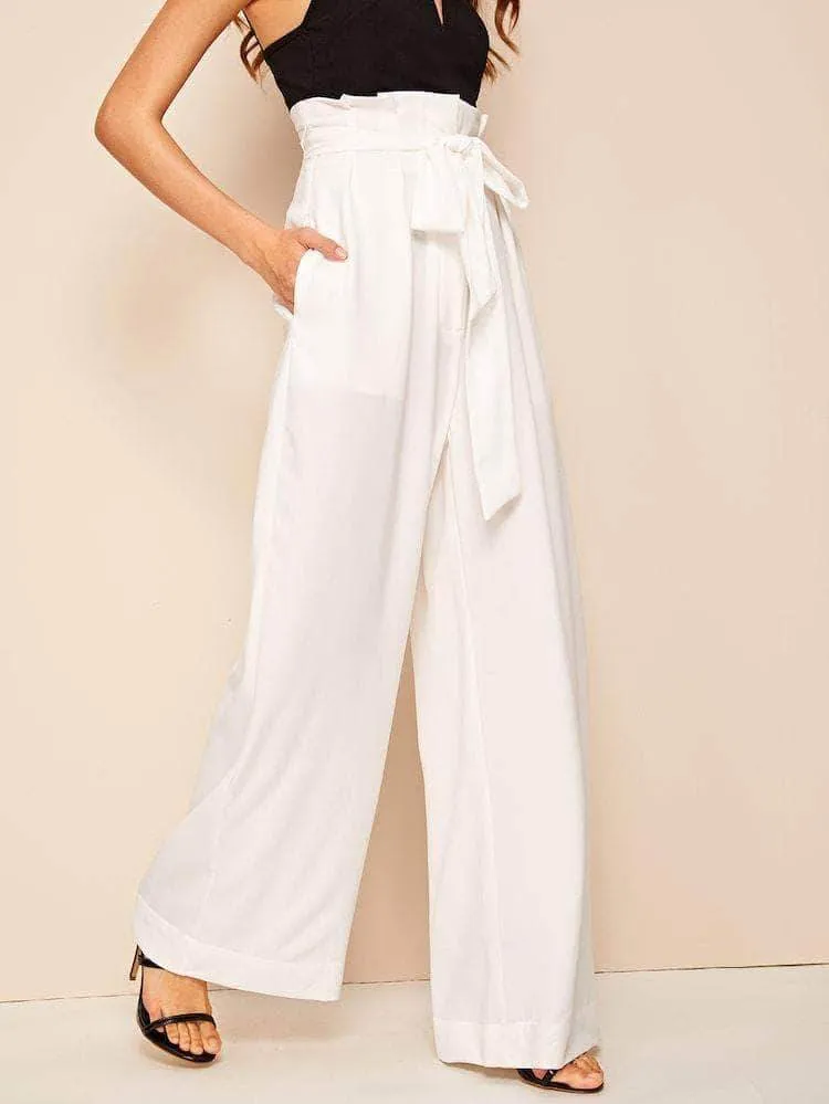 Fifth Avenue Georgette GTTWP17 Self Belted Extra Wide Leg Pants - White