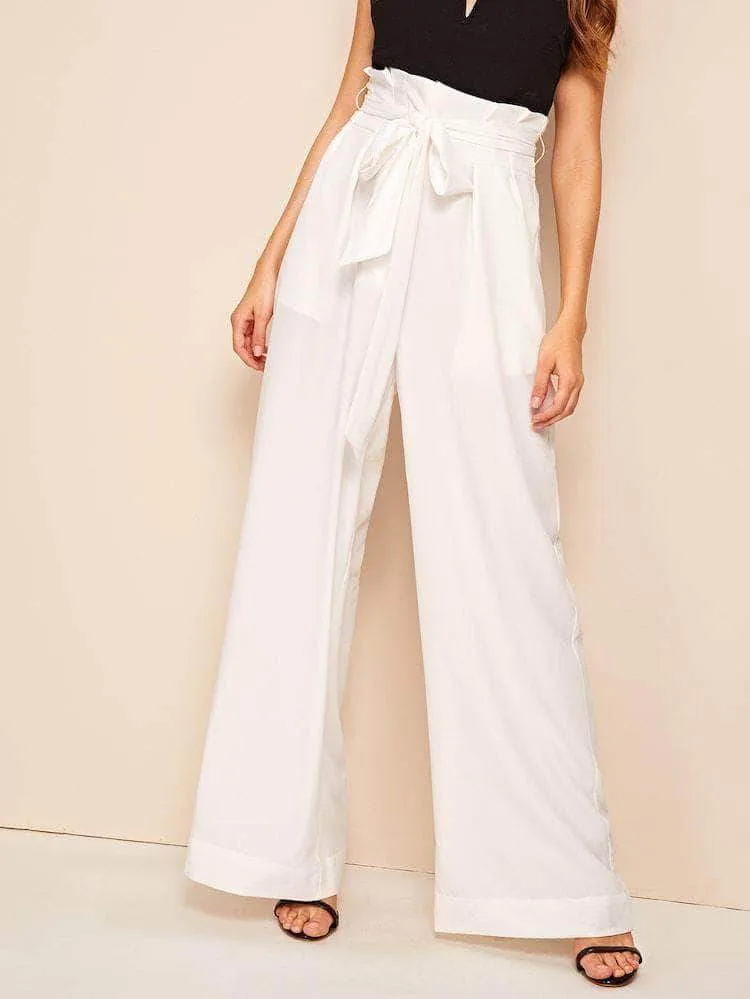 Fifth Avenue Georgette GTTWP17 Self Belted Extra Wide Leg Pants - White