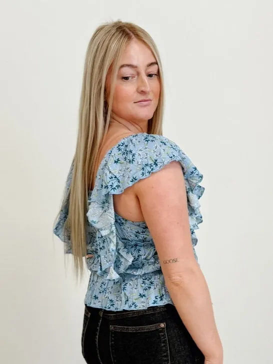 Floral Printed Rayon Gauze Top in Sky Blue