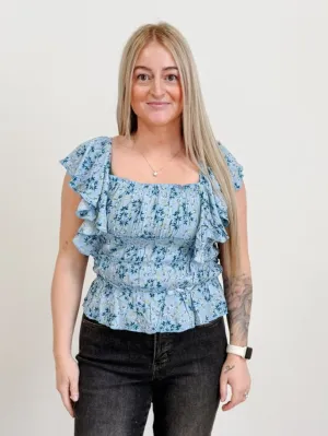 Floral Printed Rayon Gauze Top in Sky Blue