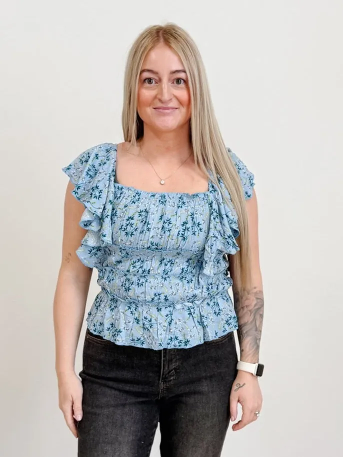 Floral Printed Rayon Gauze Top in Sky Blue