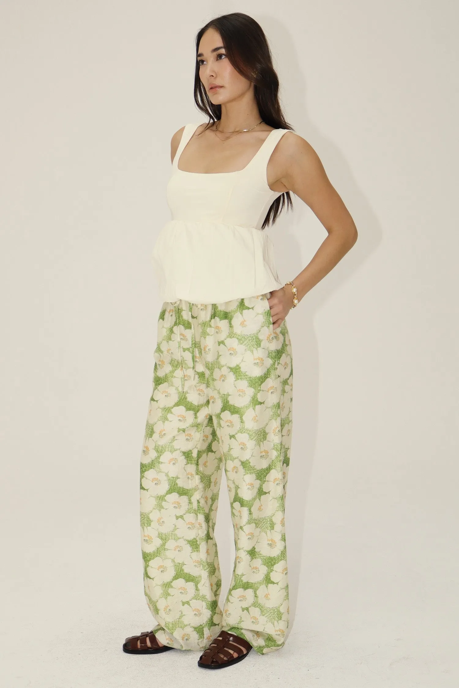 floral wide leg drawstring pants