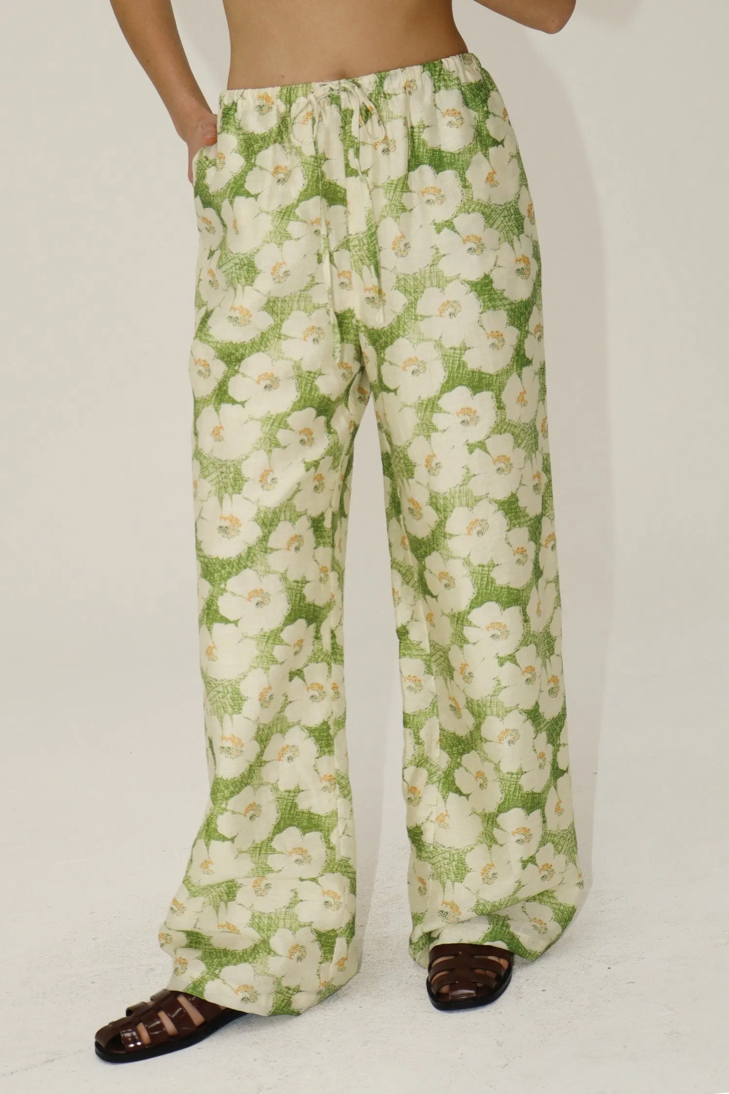 floral wide leg drawstring pants