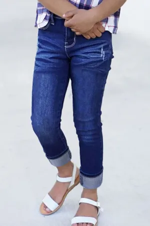 Girls Stretch Reg Fit  Jeans w/ Pocket Distressed & Wide Cuff
