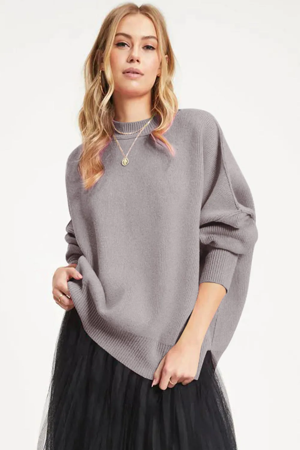 Gray Balloon Sleeve Ribbed Trm Oversized Sweater