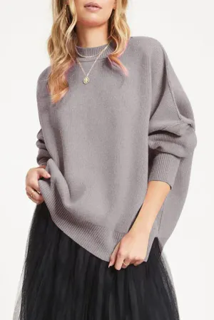 Gray Balloon Sleeve Ribbed Trm Oversized Sweater