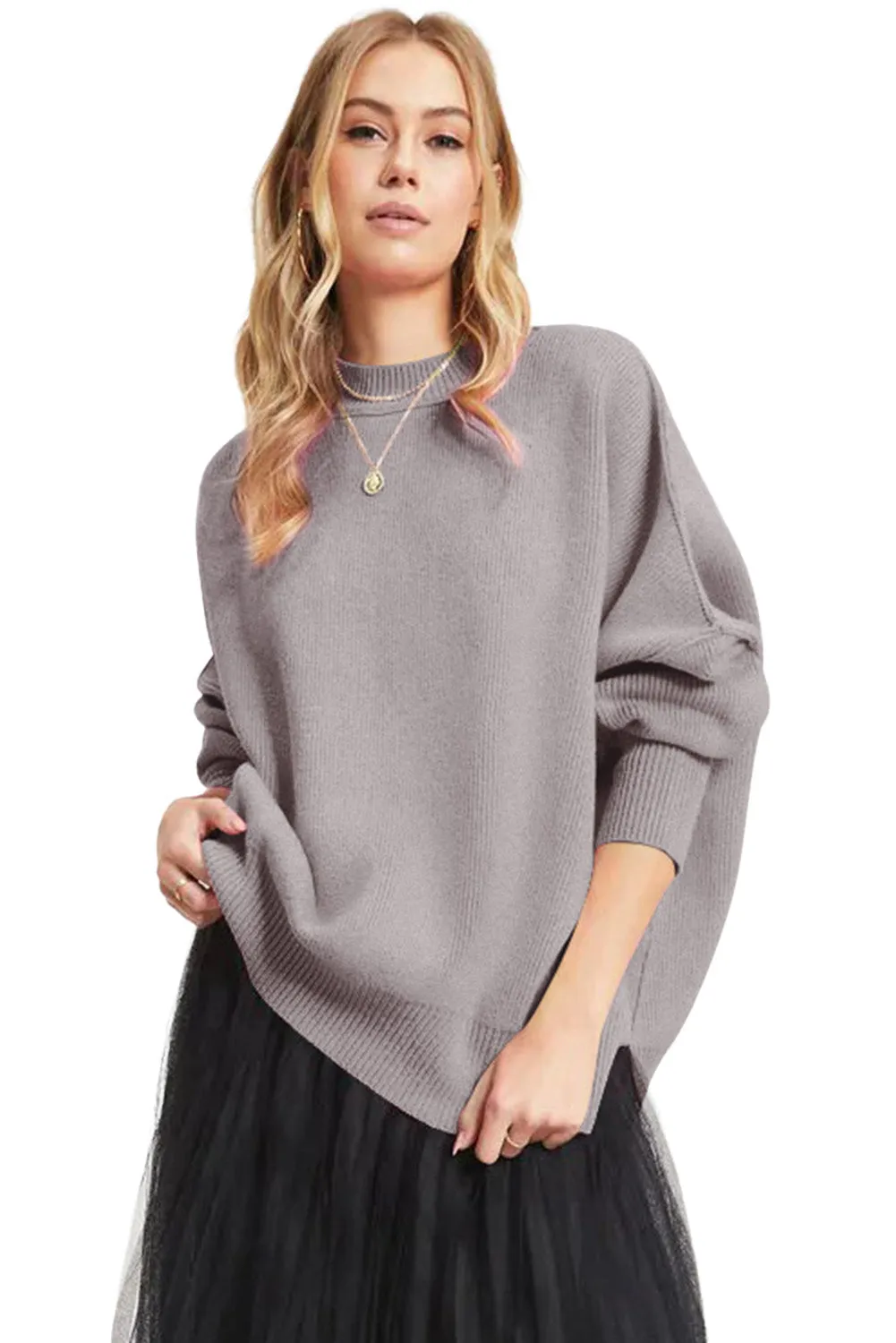 Gray Balloon Sleeve Ribbed Trm Oversized Sweater