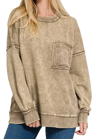 Harbourview Mocha Acid Wash French Terry Pocket Pullover