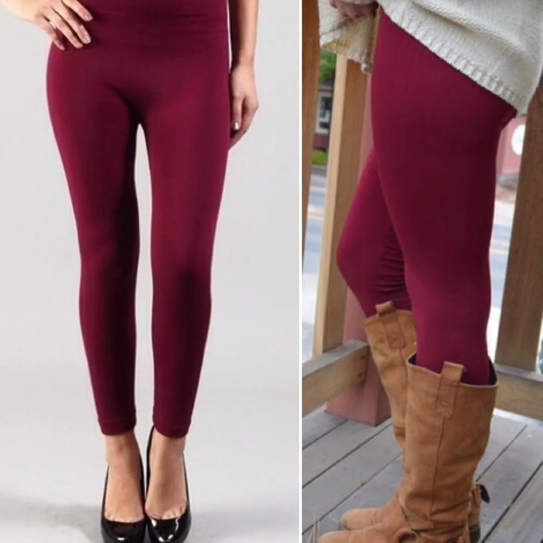 High Rise Burgundy Fleece Leggings
