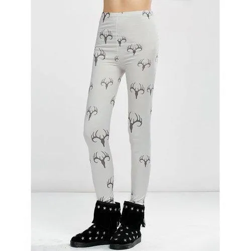 High Waist Elk Print Christmas Tight Leggings - White L