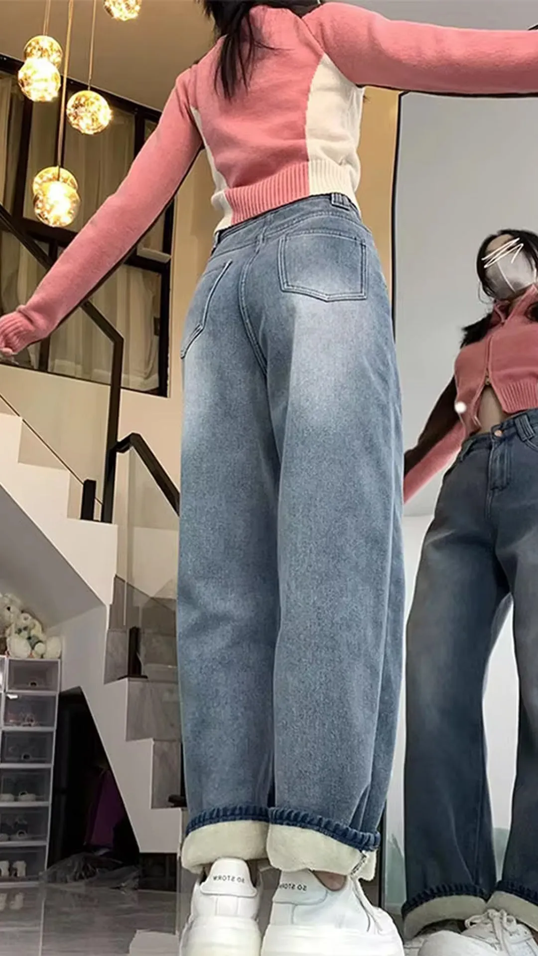 High Waist Fleece Stitched Jeans Pants