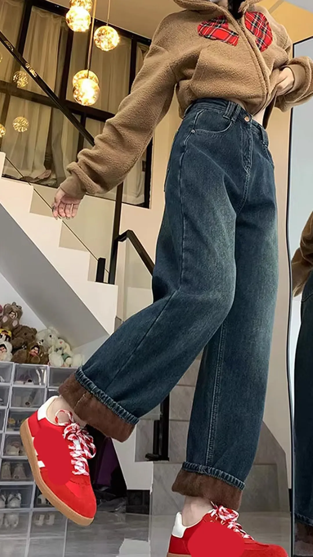 High Waist Fleece Stitched Jeans Pants