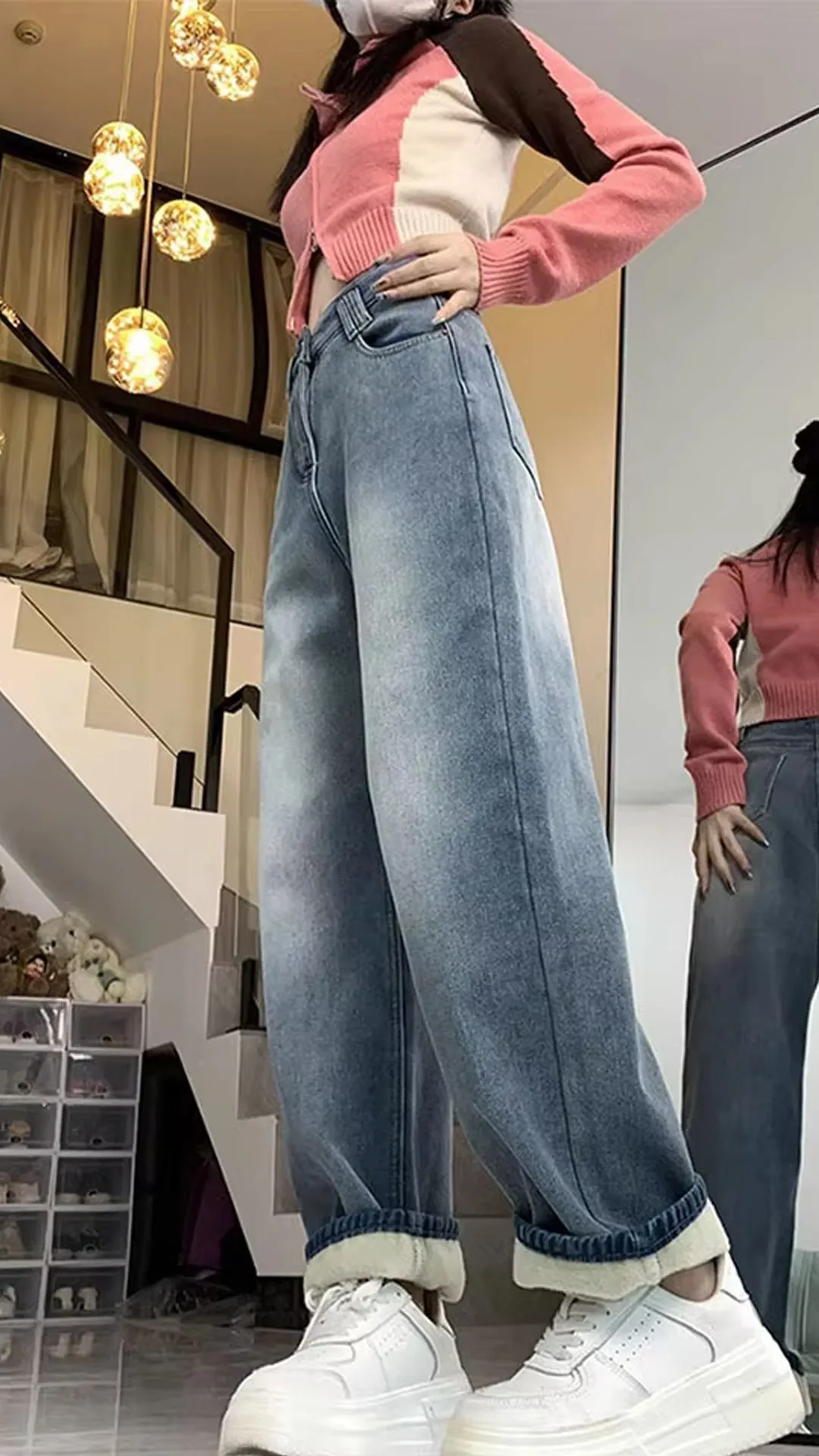 High Waist Fleece Stitched Jeans Pants