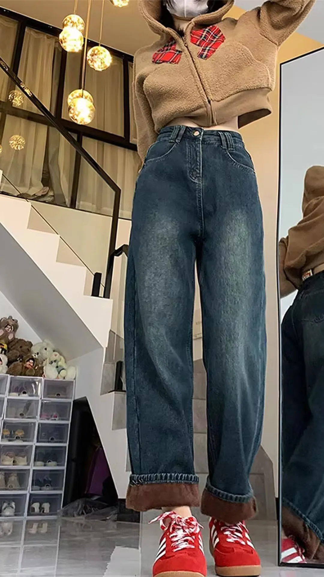 High Waist Fleece Stitched Jeans Pants