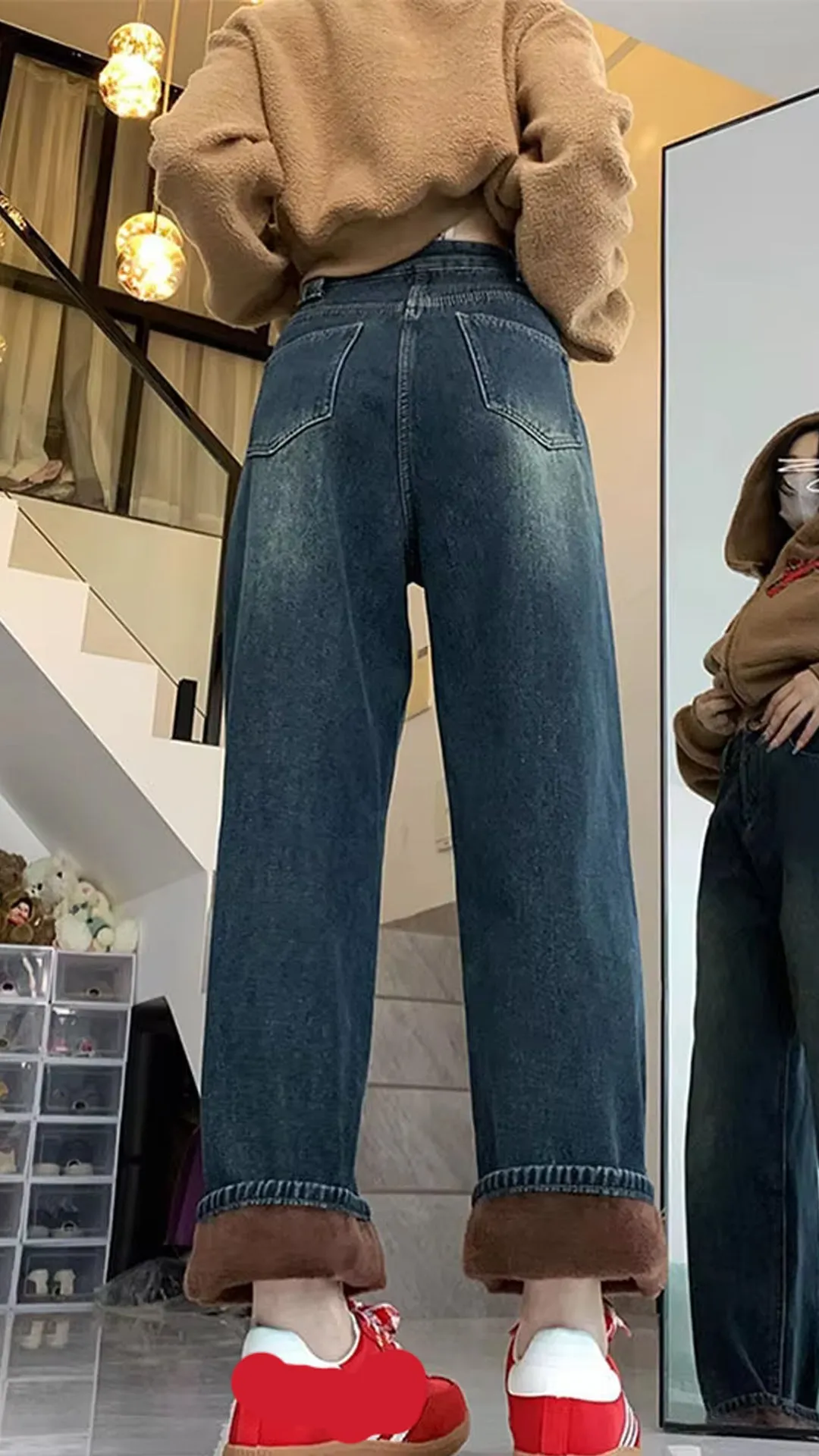 High Waist Fleece Stitched Jeans Pants