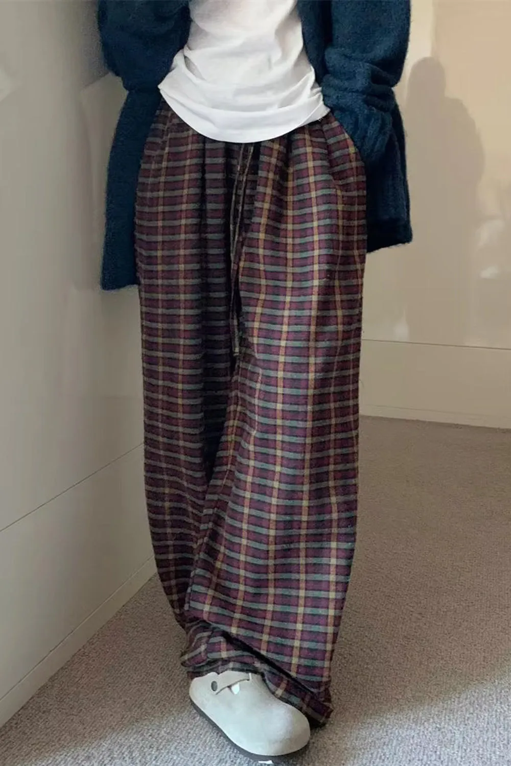 High Waist Retro Plaid Wide Leg Pants