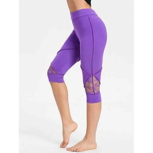 High Waisted Lace Insert Capri Leggings - Purple L
