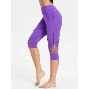 High Waisted Lace Insert Capri Leggings - Purple L