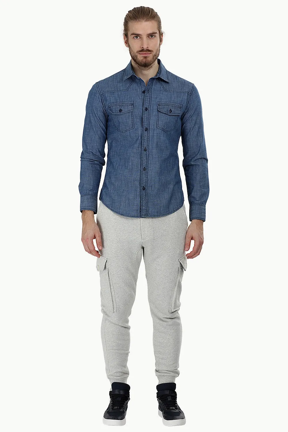 Indigo Denim Shirt with Bold Stitch