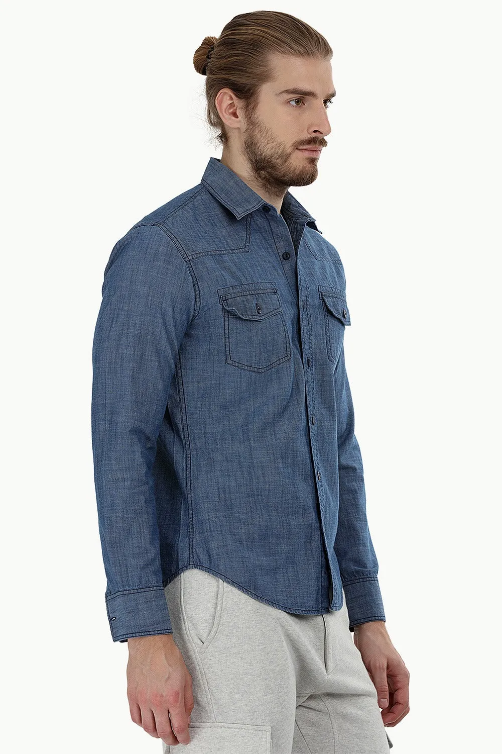 Indigo Denim Shirt with Bold Stitch