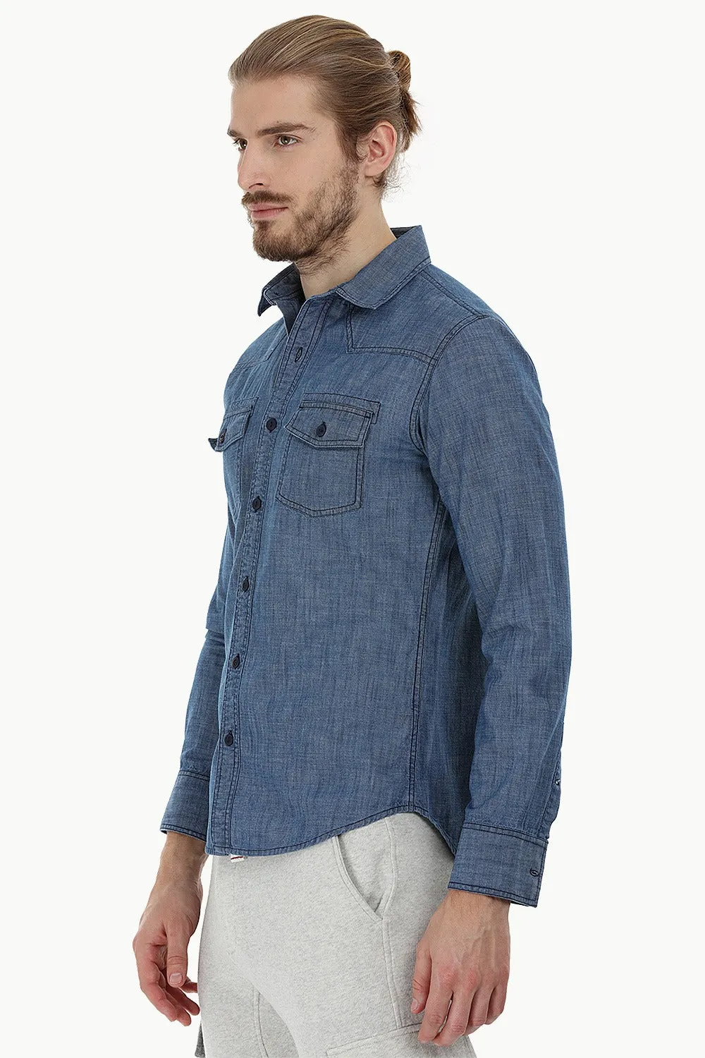 Indigo Denim Shirt with Bold Stitch