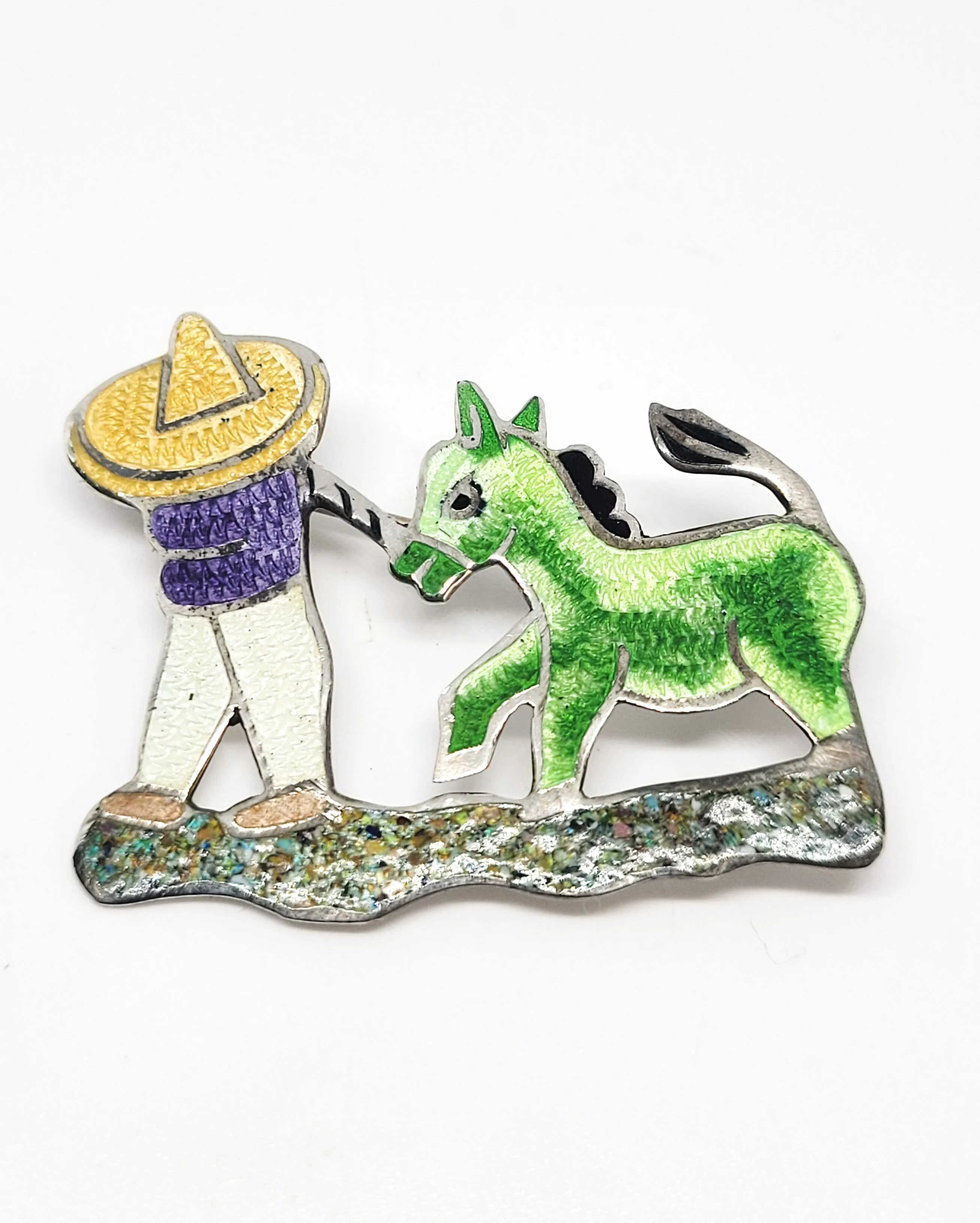 Jeronimo Fuentes Sterling Silver Enamel Brooch JF Mexico Taxco Donkey & Man
