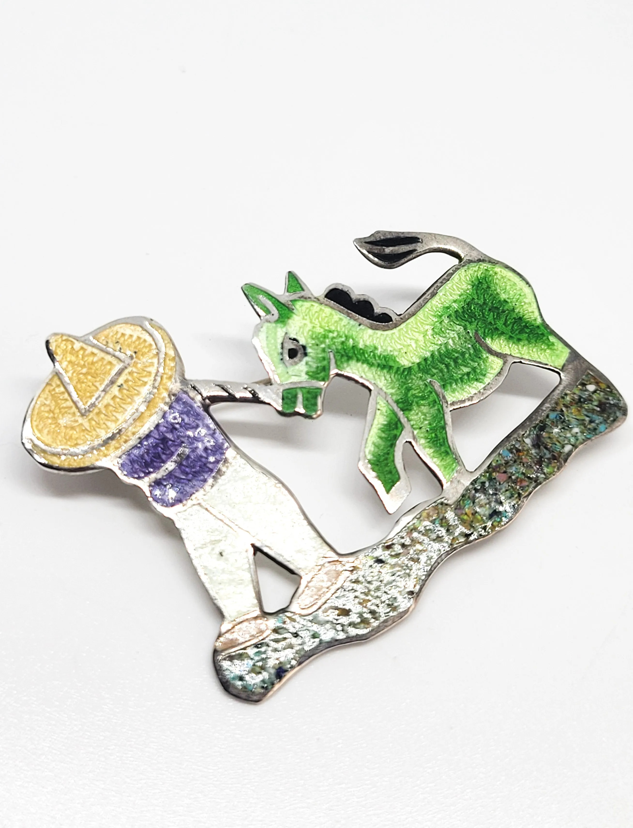 Jeronimo Fuentes Sterling Silver Enamel Brooch JF Mexico Taxco Donkey & Man