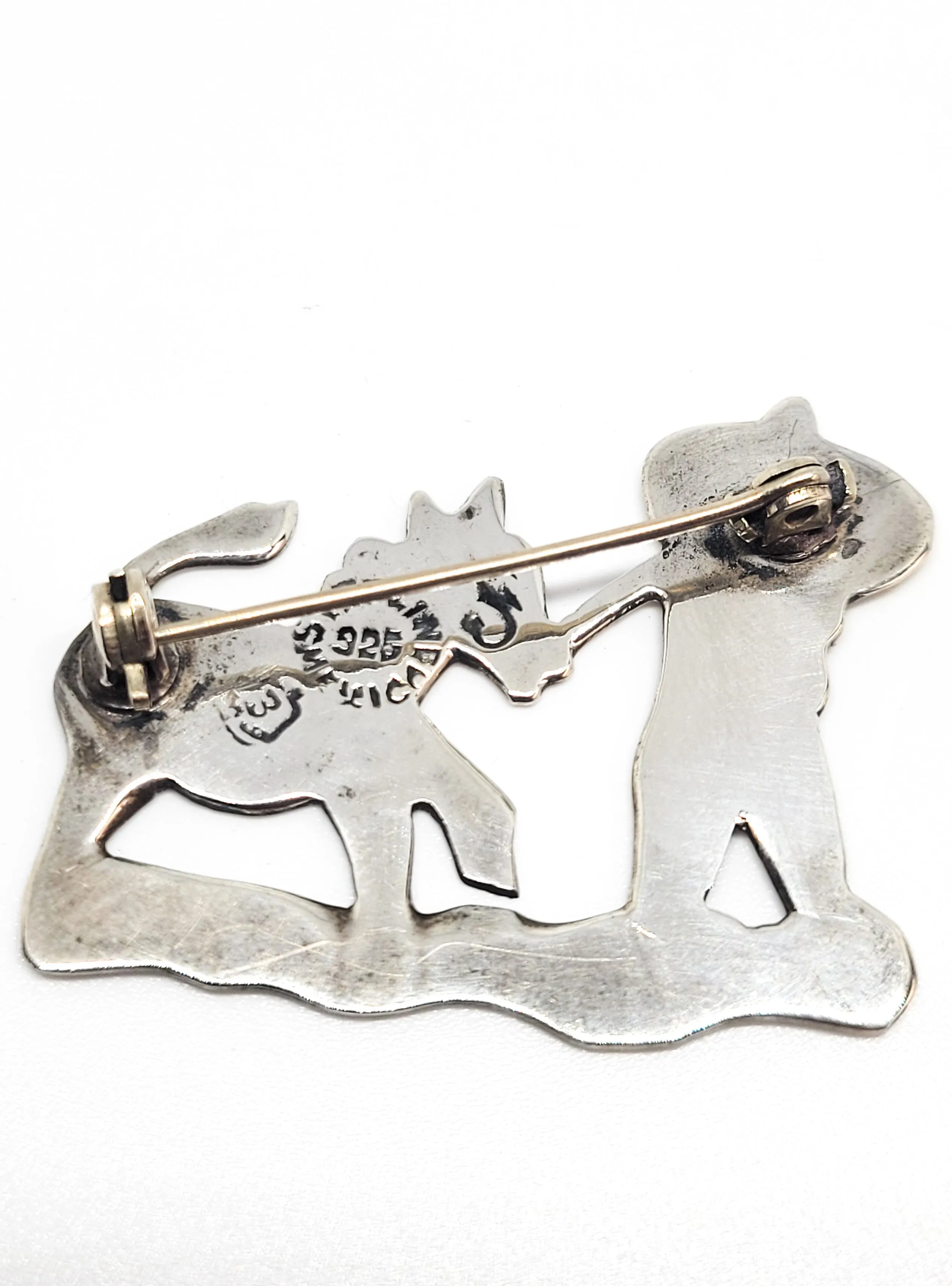Jeronimo Fuentes Sterling Silver Enamel Brooch JF Mexico Taxco Donkey & Man