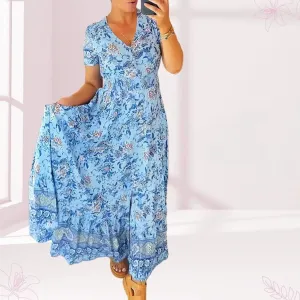 Jewel - Casual long dress with floral pattern and ruffled waist with V-neckline