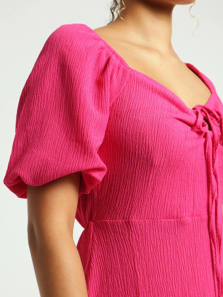 Keyhole Front Puff Sleeve Dress - Pink